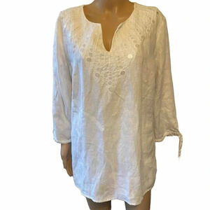 JM Collection Linen V Neck Top Blouse Sequin Artsy White Beads Embroidery Lady16